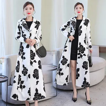 

2020 Spring Autumn Trench Coat Women National style Retro Plus Size Loose Printed Double-breasted Long Windbreaker Outerwear 3XL