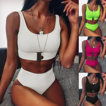 

2 Piece Set Bikini Split Swimsuit Swimwear Women Gold Buckle Women Swimming Suit High Waist Bikini Polyester Material 4#