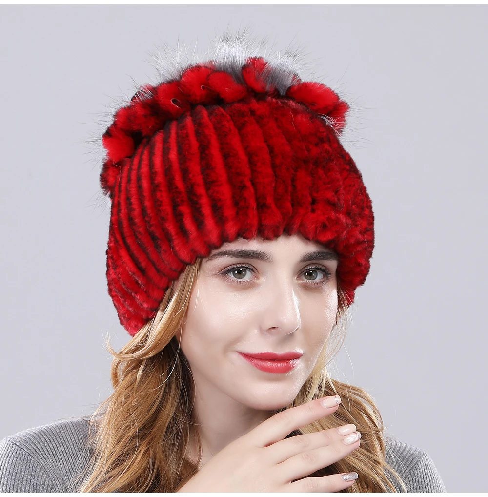 Women Real Rex Rabbit Fur Hats Lady Handmade Knitted Striped Genuine Rex Rabbit Fur Cap Winter Warm Fashion Fur Beanies