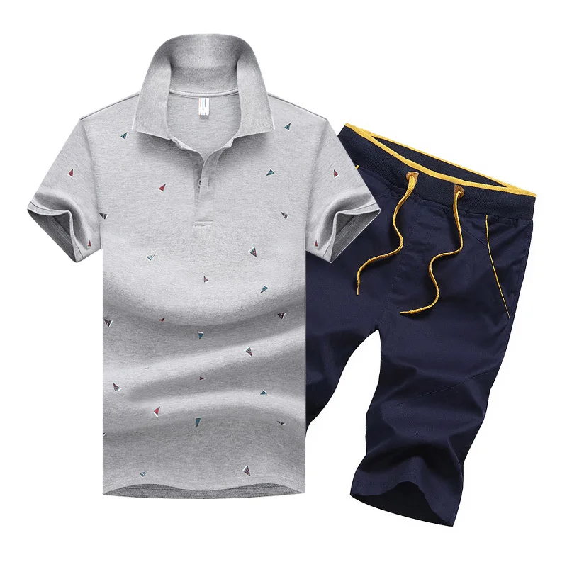 Летняя мужская рубашка поло с коротким рукавом, поло в горошек+ шорты, мужской костюм из Джерси, дышащий комплект из 2 предметов, топ и шорты, спортивные костюмы для мужчин - Цвет: Grey Blue FK082