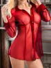 Valentine's Day Sexy Women Long Sleeve See Through Sleepwear Sheer Mesh Button Front Babydoll Perspective Mini Dress Fashion ► Photo 3/6
