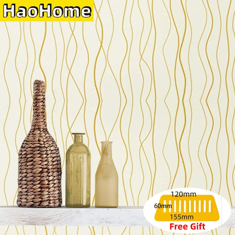 HaoHome Beige Peel and Stick Wallpaper Gold Wave Stripe Wall Covering Film Removable Self Adhesive Wallpaper Cabinets Decor