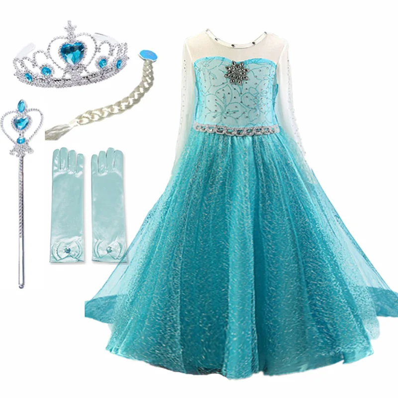 4-10T de las niñas, vestido de princesa bebé niñas verano elegante azul manga larga vestidos de fiesta de cumpleaños de fantasía vestido