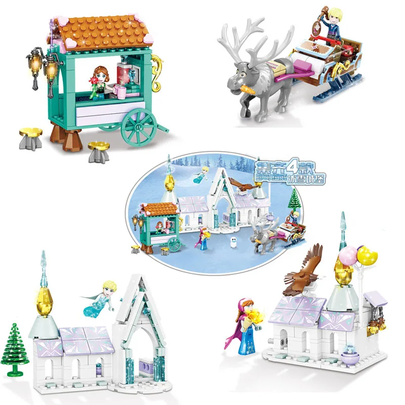 

4 in 1 Girl Friends Fairy Princess Series Winter Snow Magic Castle Elk Carriage Building Blocks Toys For Children Gifts