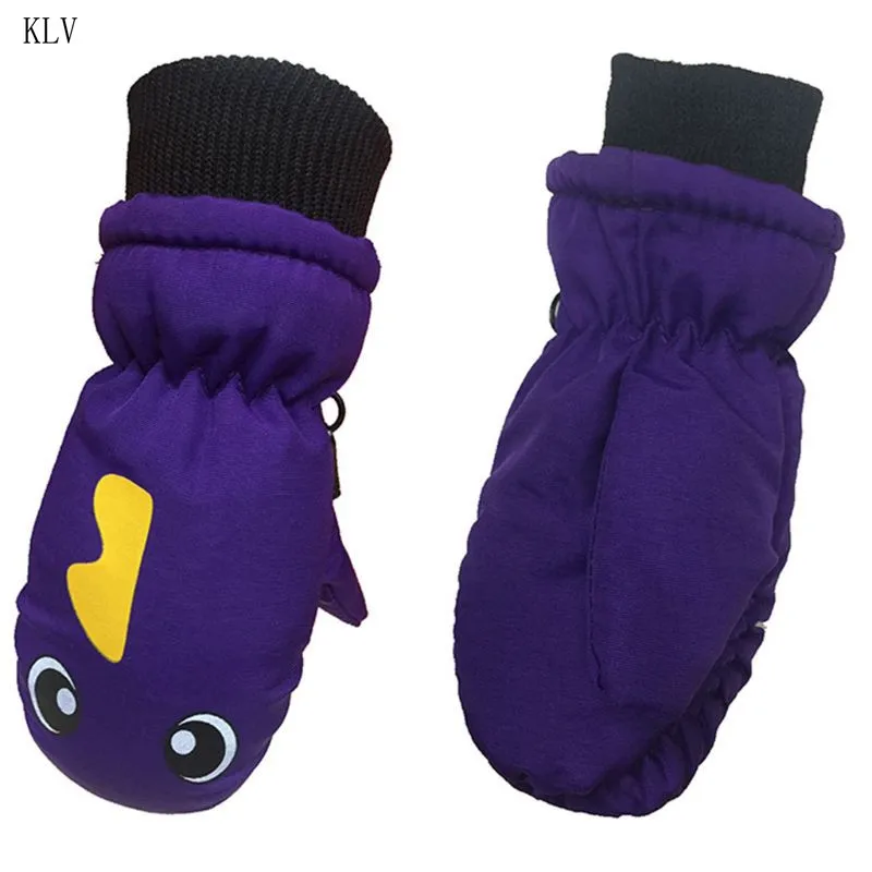 Зимние толстые теплые перчатки с подкладкой для малышей и детей постарше, водонепроницаемые ветрозащитные варежки с принтом динозавра из мультфильма, От 3 до 5 лет - Цвет: Фиолетовый