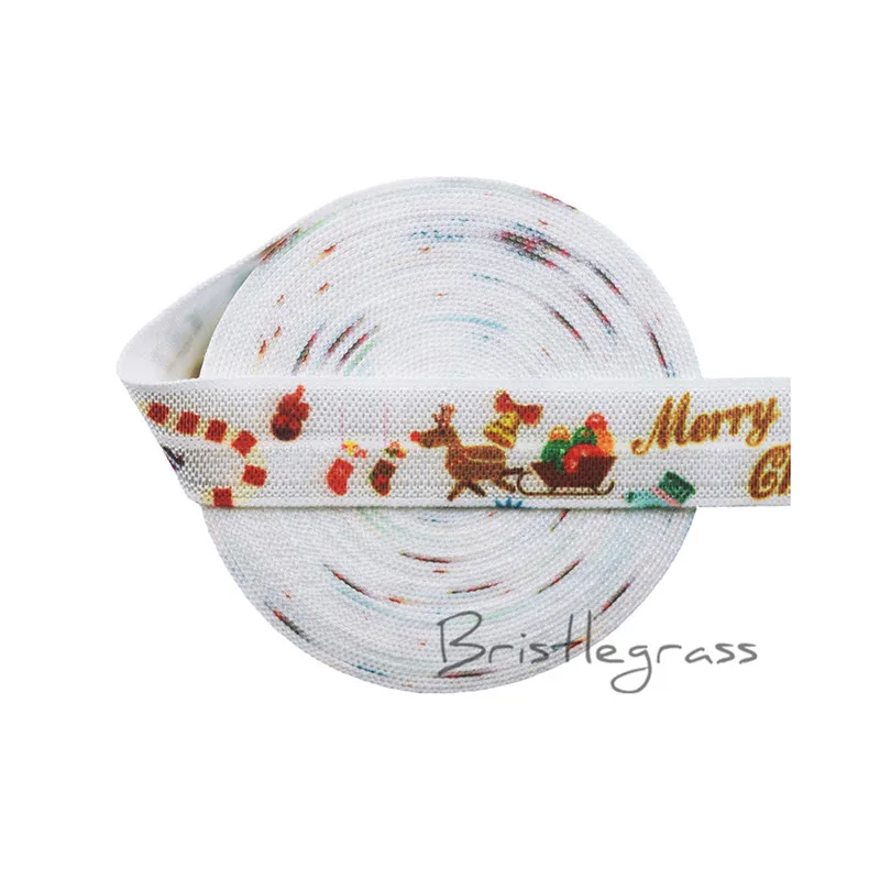 

BRISTLEGRASS 5 Yard 5/8" 15mm Christmas Elk Sled Print FOE Fold Over Elastics Spandex Satin Bands Headband Hair Tie Dress Sewing