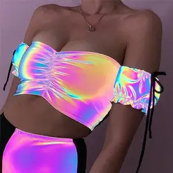 Ahagaga 2019 сексуальный клубный цветной, отражающий короткий топ для женщин футболки летняя праздничная одежда бандажные готические футболки