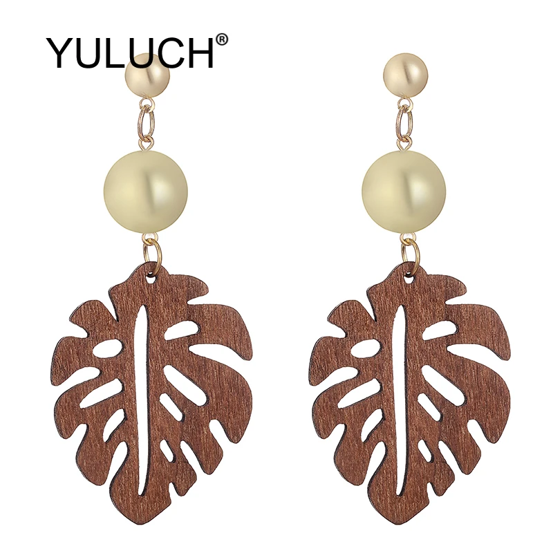 YULUCH Trendy Women Pompom Pom Long Stud Earrings Ethnic African Indian Hollow Wooden Leaf Pattern Gold Metal Big Stud Earrings