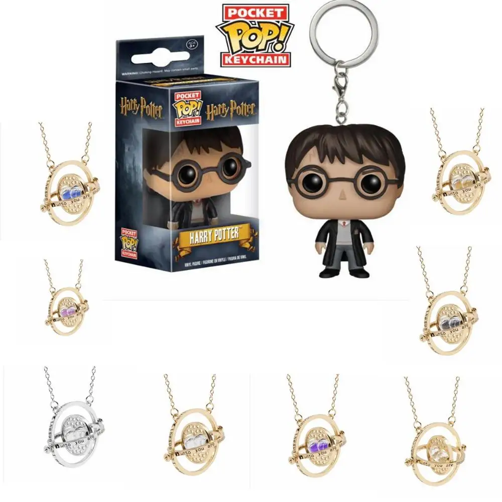 

Harri Potter Movie Time Turner Hourglass Necklace Six Phalanx Magic WandS Keychain Pendant Metal Figure Toy Key Ring Necklace