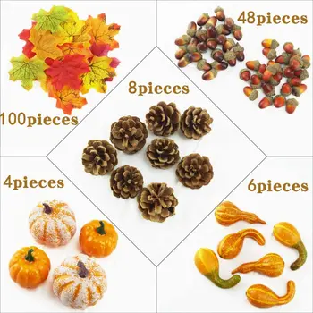 

Halloween Artificial Pumpkin Pine Cone Maple Leaf Props For Home Thanksgiving Harvest Halloween Display Decoration 166Pcs