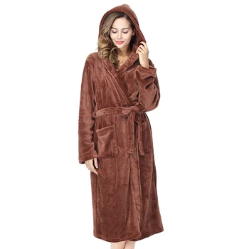 

Brown Thicken Robe Hooded Flannel Warm Winter Sleepwear Nightgown Young Lady Coral Fleece Kimono Bathrobe Gown Home Clothing