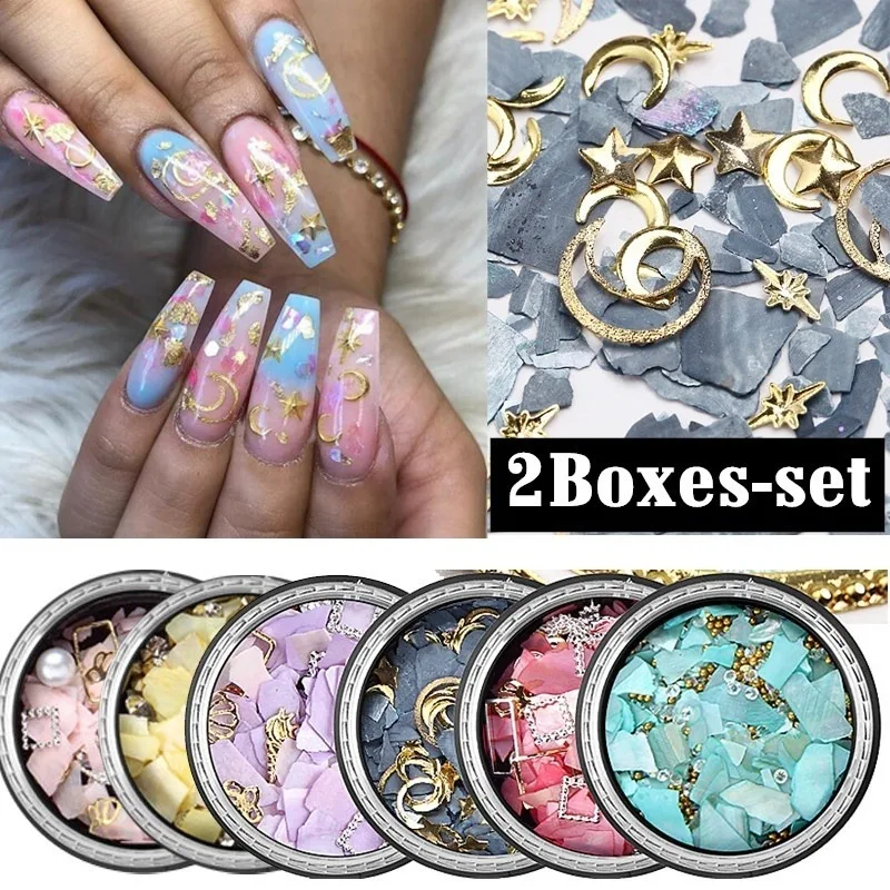 

2 Boxes Nail Art Gold Strass Star Moon Decor Mix 3D Rhinestones Beads AB Shell Sequins Shiny Glitter Charm Gem Manicure