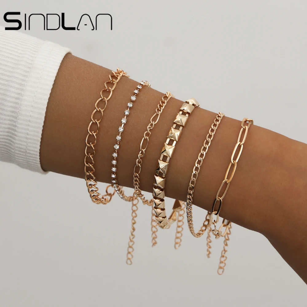 Geometric Simple Gold Couple Bracelet Set for Women Charm Easy Hook Full Crystal Exaggerated Female Hollow Wrist Jewelry Gift
