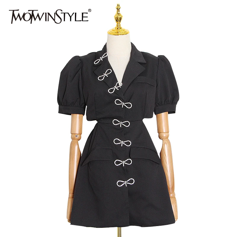 TWOTWINSTYLE Asymmetrical Women Summer Dress Notched Neck Puff Short Sleeve High Waist Mini Patchwork Bownot Dresses Female Tide TWOTWINSTYLE Asymmetrical Women Summer Dress Notched Neck Puff Short Sleeve High Waist Mini Patchwork Bownot Dresses Female Tide