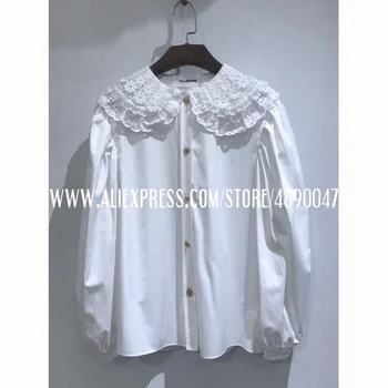 

2020 Lapel embroidered shirt retro slim ruffled collar top high-quality White multi-layer lace collar Women's long sleeve shirt