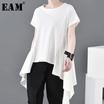 

[EAM] Women White Asymmetrical Hem Temperament T-shirt New Round Neck Short Sleeve Fashion Tide Spring Summer 2020 JY44300