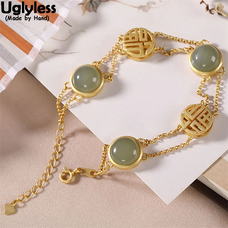 Uglyless 2 Chains Bracelets for Women Hollow Chinese FU=Lucky Silver Bracelet Nature Jade Buttons Jewelry Real 925 Bijoux | Украшения и