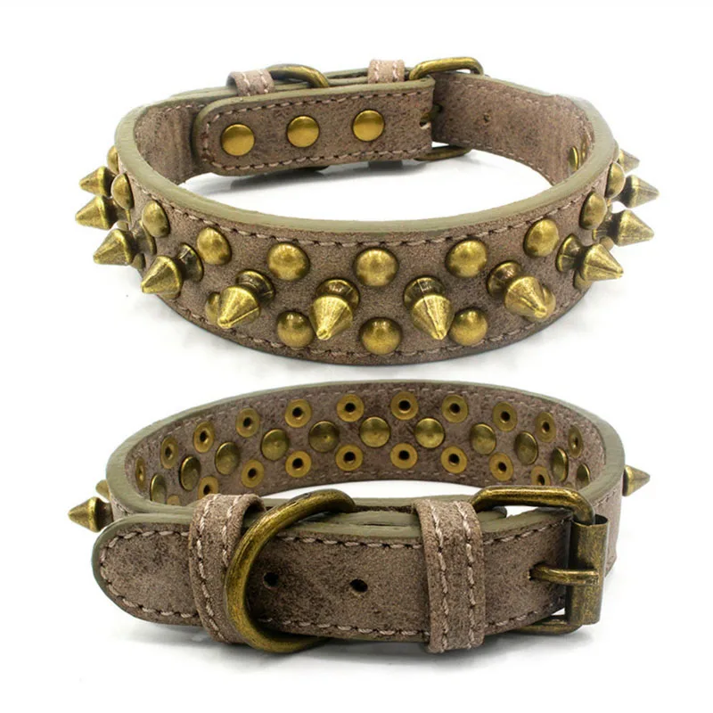 Spiked Studded Genuine Leather Dog Collar - Heavy Duty, Adjustable For Pit Bulls & Medium/Large Dogs