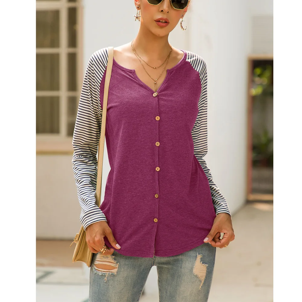 

Autumn Single-Breasted Striped Stitching T-Shirt Cardigan Casual V-Neck Long Sleeve Cotton Splice T-Shirt Tops Fashion New N18