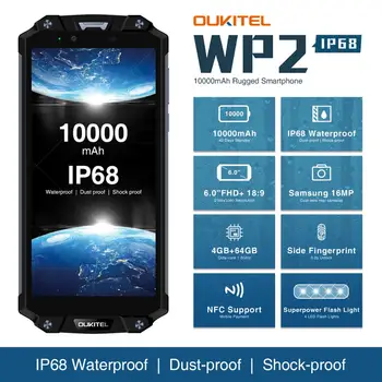 Перейти на Алиэкспресс и купить Смартфон OUKITEL WP2, IP68 водонепроницаемый, пыленепроницаемый мобильный телефон, 6 дюймов, 18:9, 4 ГБ, 64 ГБ, Восьмиядерный процессор MT6750T, 10000 мАч