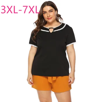 

2020 new fashion summer plus size tops for women large short sleeve loose casual lace O neck T-shirt black 3XL 4XL 5XL 6XL 7XL