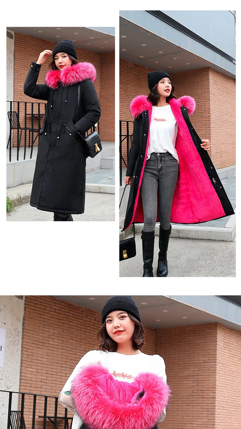Зимнее женское пальто, большой меховой воротник с капюшоном, хлопок, шерсть, длинная куртка, Женская парка, верхняя одежда размера плюс, Jaquetas Feminina