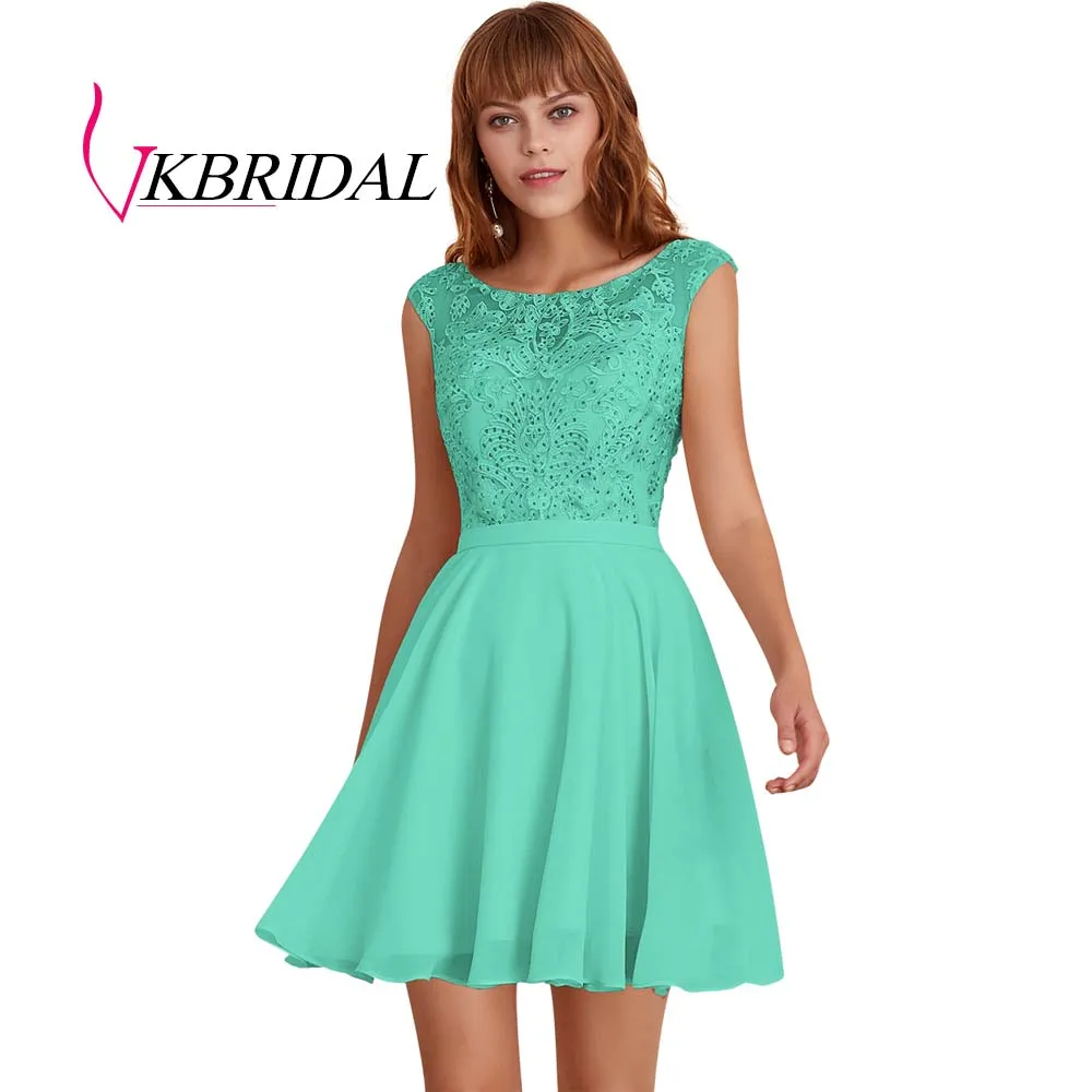 mint VKBRIDAL, платья для выпускного вечера цвета шампанского, новинка, шифоновое кружевное платье с v-образным вырезом на спине, короткое платье для выпускного вечера - Цвет: mint