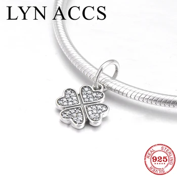 

100% 925 Sterling Silver Heart shaped lucky clovers CZ Heart Charm Pendant Beads fit Original LYNACCS Bracelet DIY Fine Jewelry