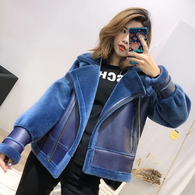 Новая зимняя короткая куртка из натуральной овечьей шерсти, пальто для женщин, модная Высококачественная шуба из натурального меха, Женская мотоциклетная одежда - Цвет: Blue