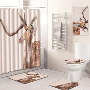 

Elk Shower Curtain Bathroom Mat Set Toilet Cover Mat Bathtub Mat Kitchen Pad Five-Piece Carpet Graphic Customization
