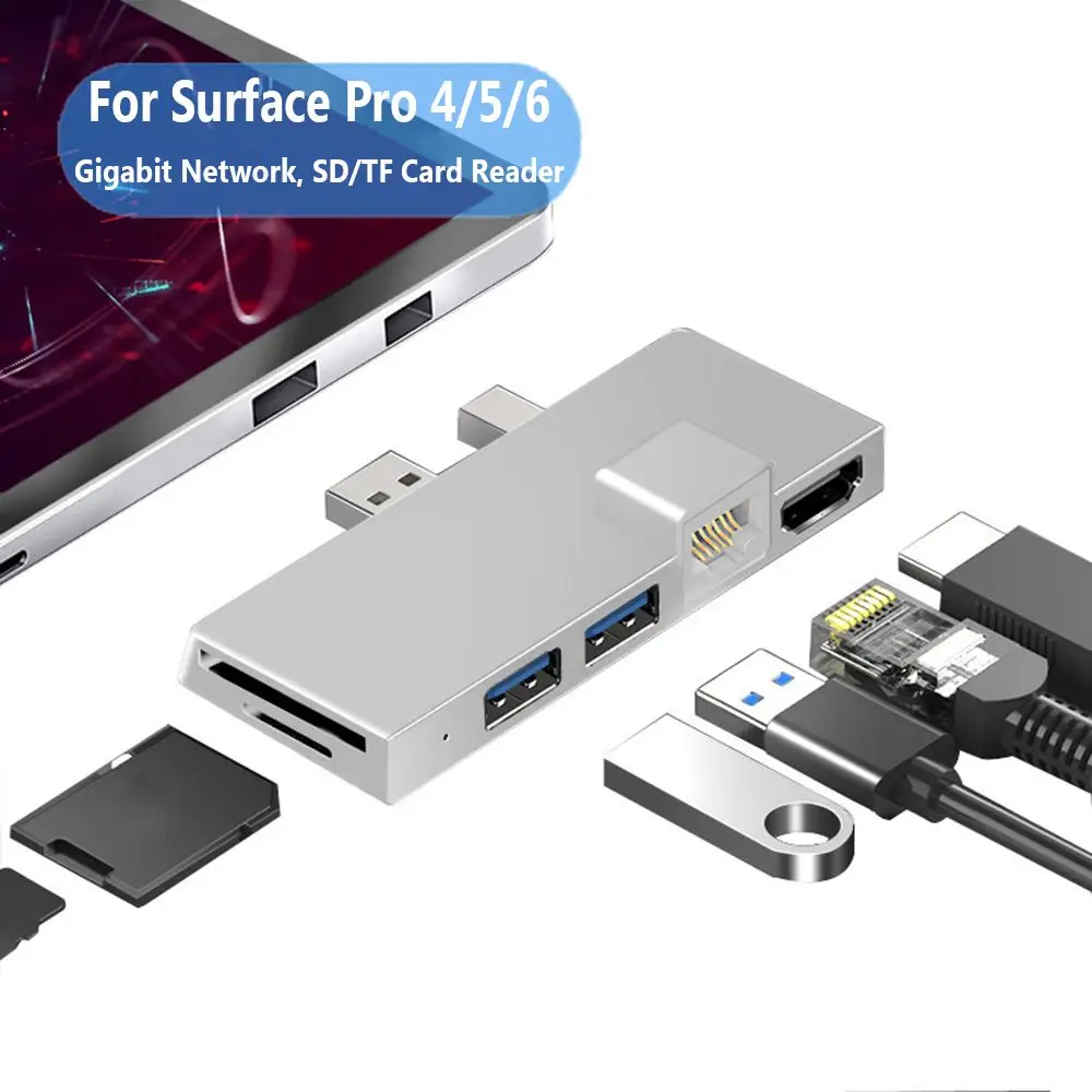 1PC Aluminum Alloy USB 3.0 Hub Docking Station SD/TF Card Reader Gigabit Network Converter For Microsoft Surface Pro 4/5/6 | Компьютеры и