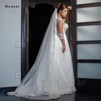 Billige Sexy Illusion Elfenbein Und Champagner A-linie Spitze Chiffon Hochzeit Kleider 2020 Frauen 3/4 Ärmeln Brautkleider Tüll Robe De Mariee