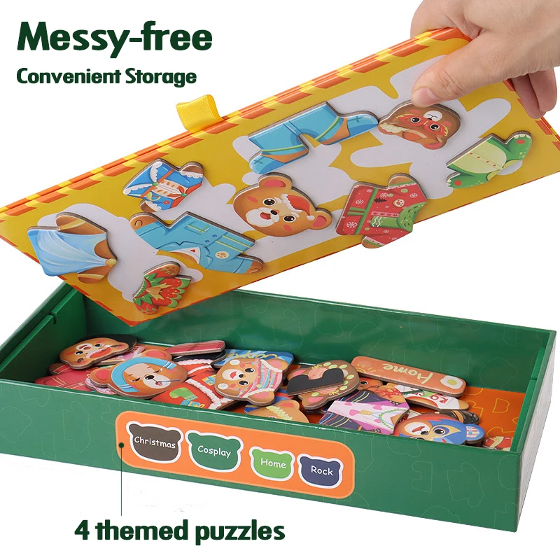 Christmas Bear Family Dress-Up Wooden Puzzles Toys Magnetic Jigsaw Change Clothes Sorting Matching Game Children Montessori Toys 5