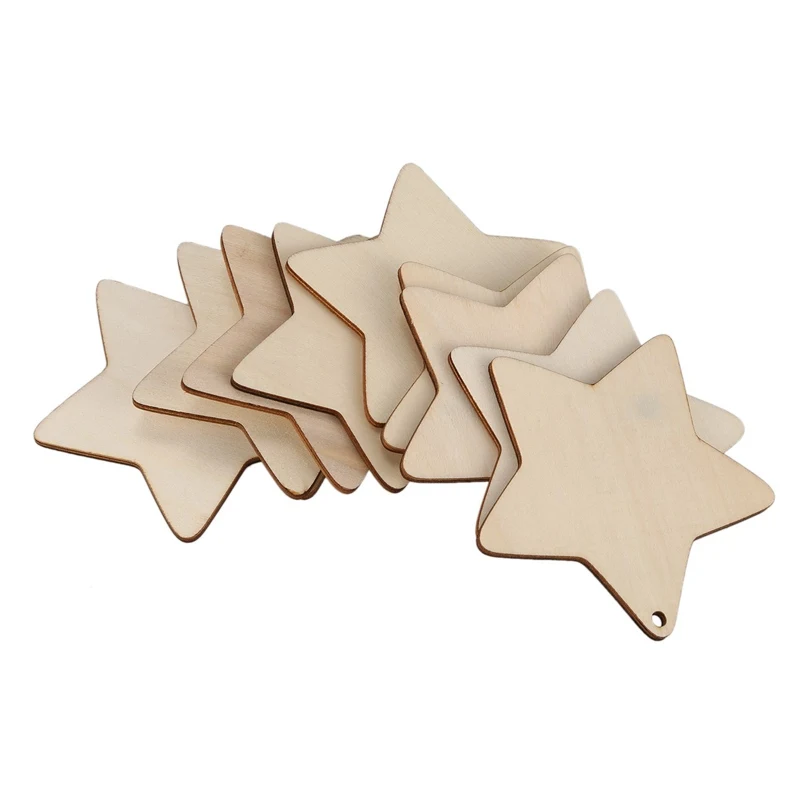 

10 x Wooden Star Shapes, Plain Wood Craft Tags with Hole (10cm)