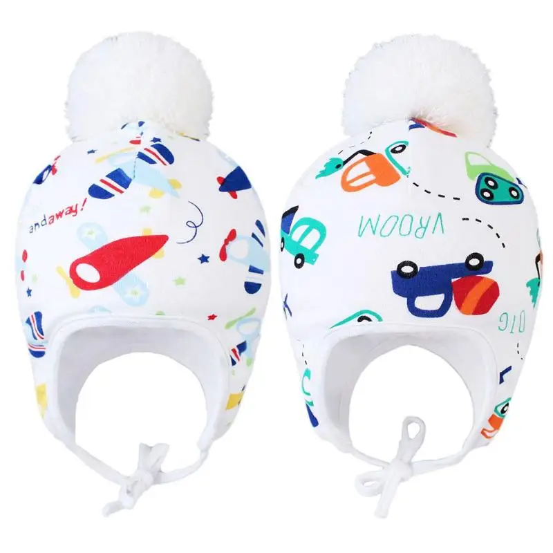 

Cotton Printed Fleece Baby Hat Aircraft Car Adjustable Elasticity of Tie for Newborn Kids Winter Warm Pompom Ball Caps