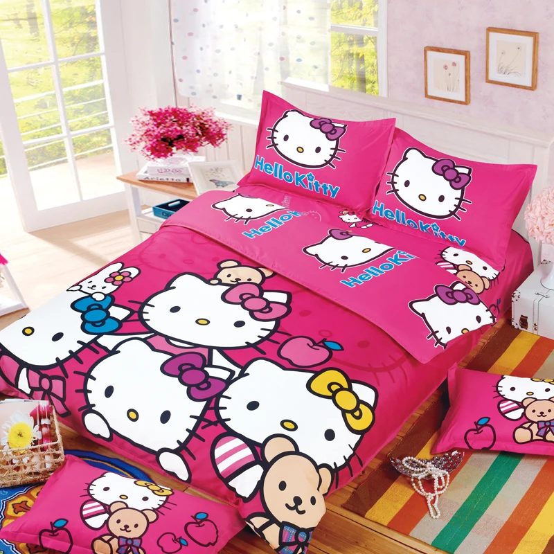 Синий Hello kitty, хлопковый комплект постельного белья для детей, мультяшное постельное белье, Ститч, Doraemon, пододеяльник, комплекты, простыня, наволочка, Твин, полный размер, королева - Цвет: Синий