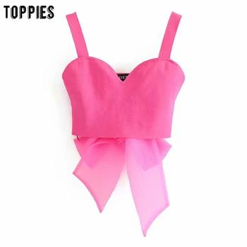 

toppies summer rose pink mesh yarn camisole tops back knot bow women sleeveless tops sexy holiday clothes