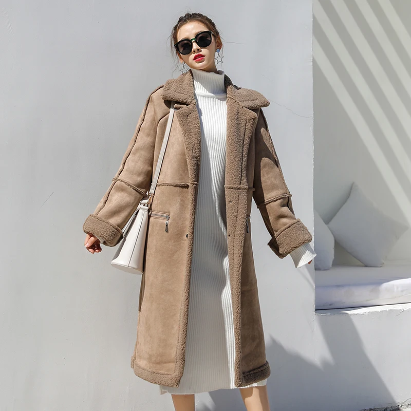 MUMUZI Женская куртка из искусственной замши, новинка, длинное стильное утепленное пальто с мехом, свободная куртка из искусственной овчины, парка с мехом ягненка, верхняя одежда