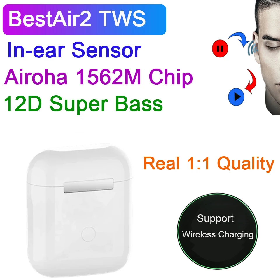 Best Version BestAir2 TWS Wireless TWS2 Earphones12D Super Bass Headphones Bluetooth Sports Earbuds 7H music Airoha 1562M Chip |