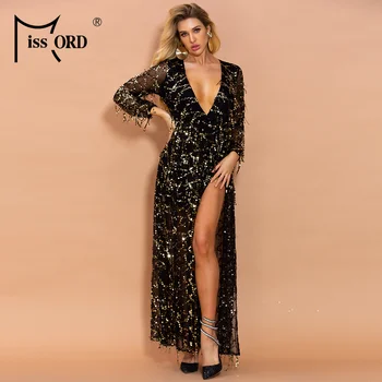 

Missord 2020 Sexy Deep V Neck Long Sleeve See Though Sequins Women Maxi Dresses High Split Women Summer Dresses FT2901