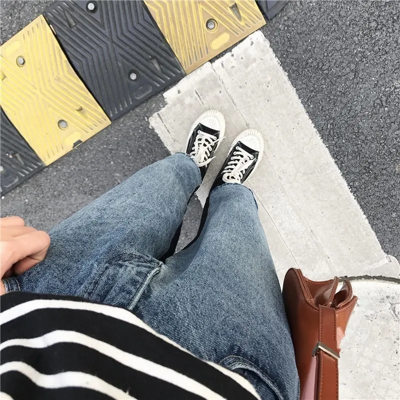 New Autumn Women Straight Pants Casual Loose Patchwork High Waist Jeans Pants Pockets Pocket Hair Edge Denim Trousers