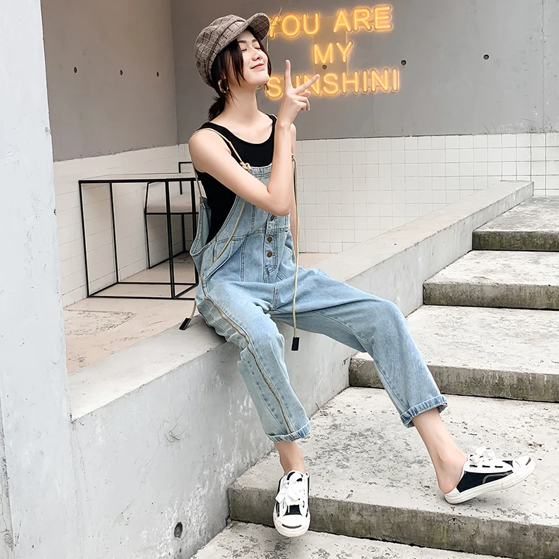 New Stylish Casual Loose Vintage Women Denim Overalls Scratched Washed Girl Full Lengt Pants Female Jumpsuits