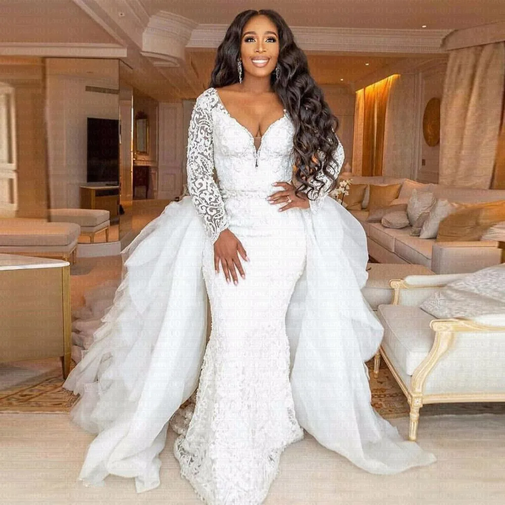 

New Luxury 2 in 1 Arabic Mermaid Wedding Dress 2020 Sheer Detachable Train Appliqued African Bridal Gowns