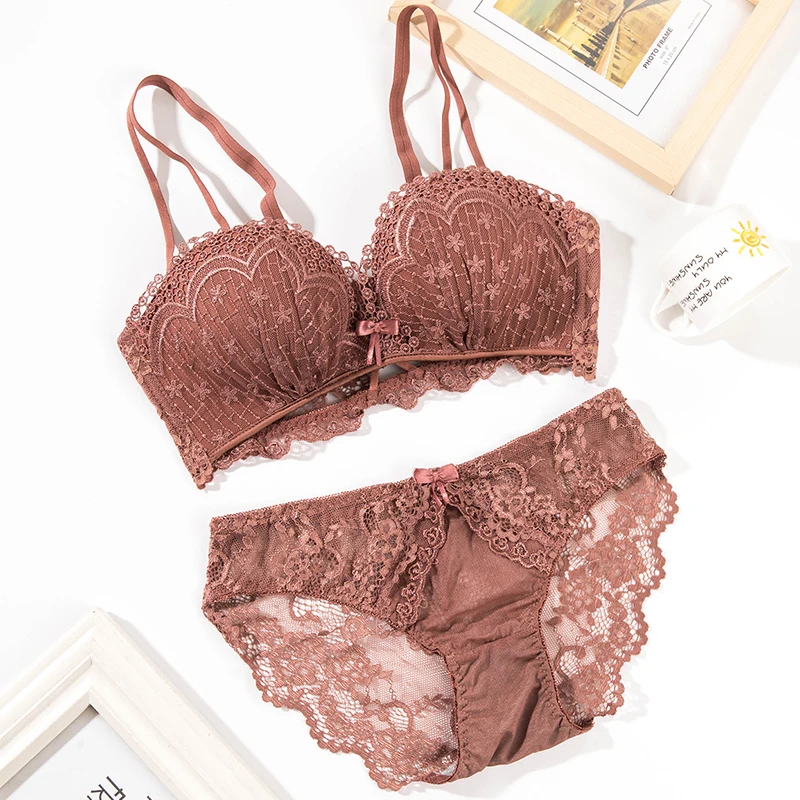Seamless Lace Hollow Brassiere Panties Lingerie Set Women 1/2 cup Bra hand adjustable Push Up and panty brief set | Женская одежда