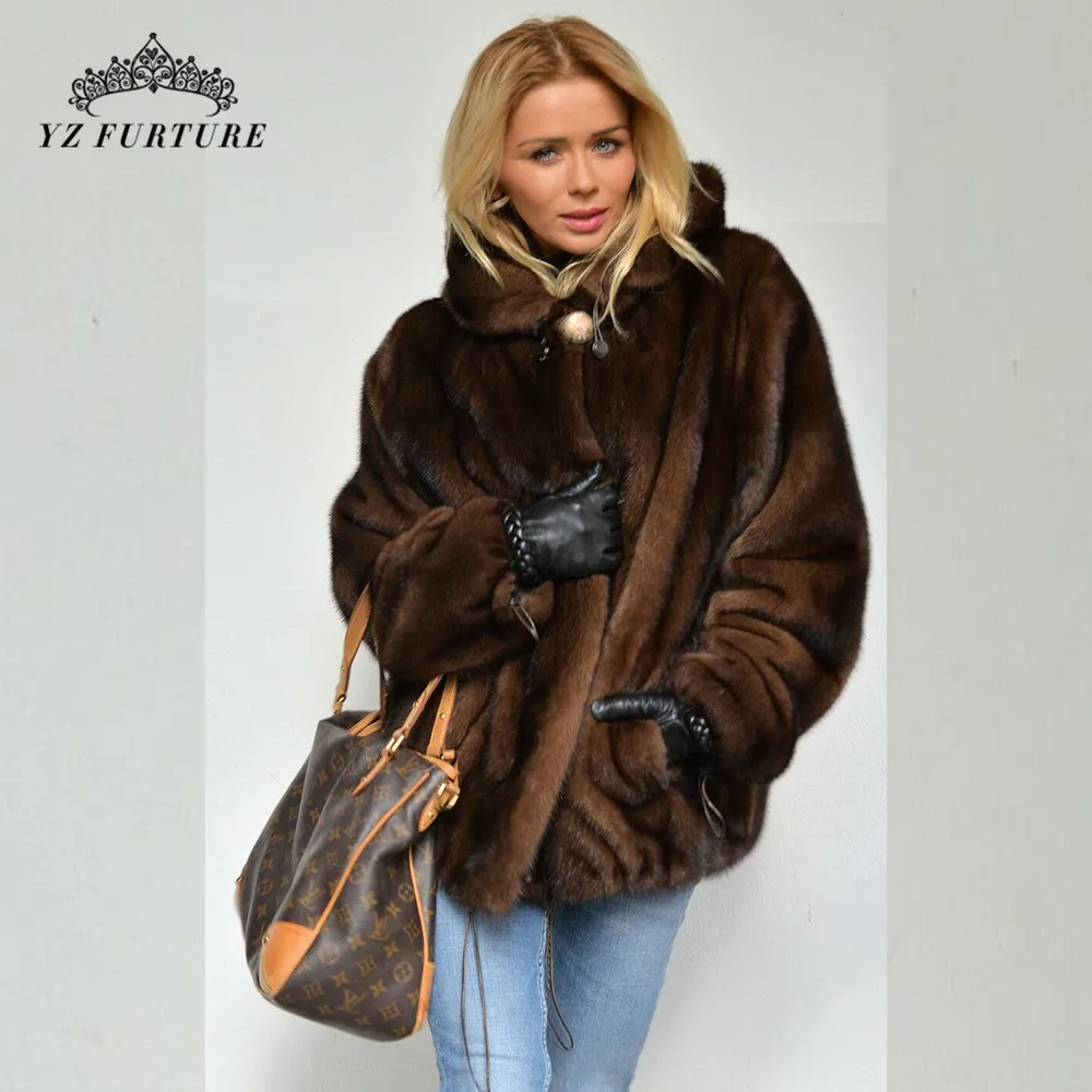 New Winter Real Mink Fur coffee Coats Jacket With hood Women Genuine Full Pelt Winter Warm Elegant Female Jacket