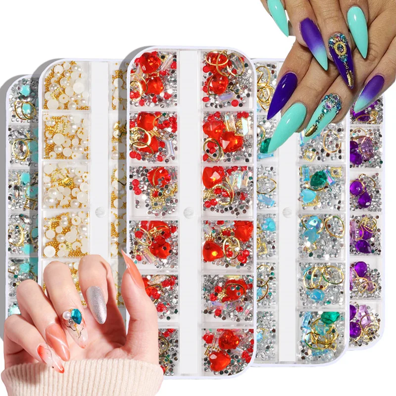 12 Grids Mixed Colorful Rhinestones for Nails 3D Crystal Metal Shiny Charm  Nail Ar Decorations Design Manicure Diamonds Decals - AliExpress