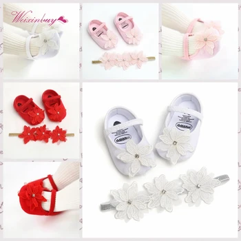 

2020 Toddler Kids Baby Girls Boys Sweet Shoes +Headband 2PCS Lace Floral Soft Shoes Spring First Walkers .