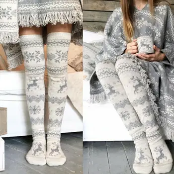 

Women Christmas Snowflake Elk Socks Thigh High Stockings Warm Winter Knitted Over Knee Socks Xmas Thermal Socks Sexy Medis
