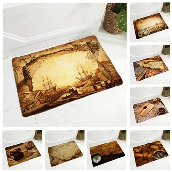 

Compass Medieval Map Floor Mat for Dining Hall Non-Slip Decor Children's room Soft Flannel Nautical Chart Doormat Carpet 40x60cm