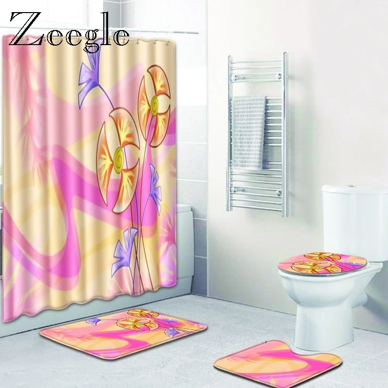 Zeegle Flower Shower Curtain Set Pedestal Rug Lid Toilet Cover Mat Bathroom Mat Anti-slip Toilet Floor Rug Bathroom Accessories